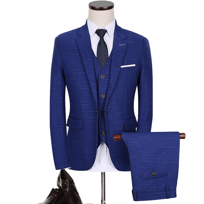 

The new 2019 men suit three-piece suit to marry the groom grid leisure suit
