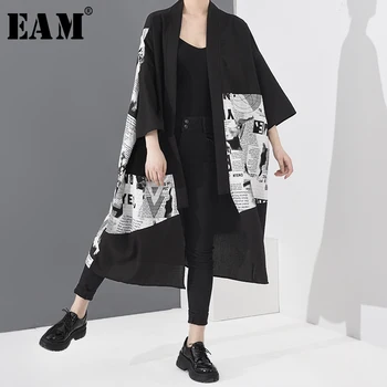 

[EAM] Women Black Pattern Printed Big Size Trench New V-collar Long Sleeve Loose Fit Windbreaker Fashion Spring 2020 1T05601