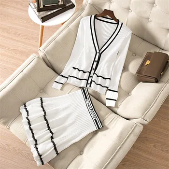 

2019 Autumn Winter New Fashion Sweet Women 2 Piece Suit V Neck Solid Color Cardigan +Tutu Knit Suit Mini Skirt Female