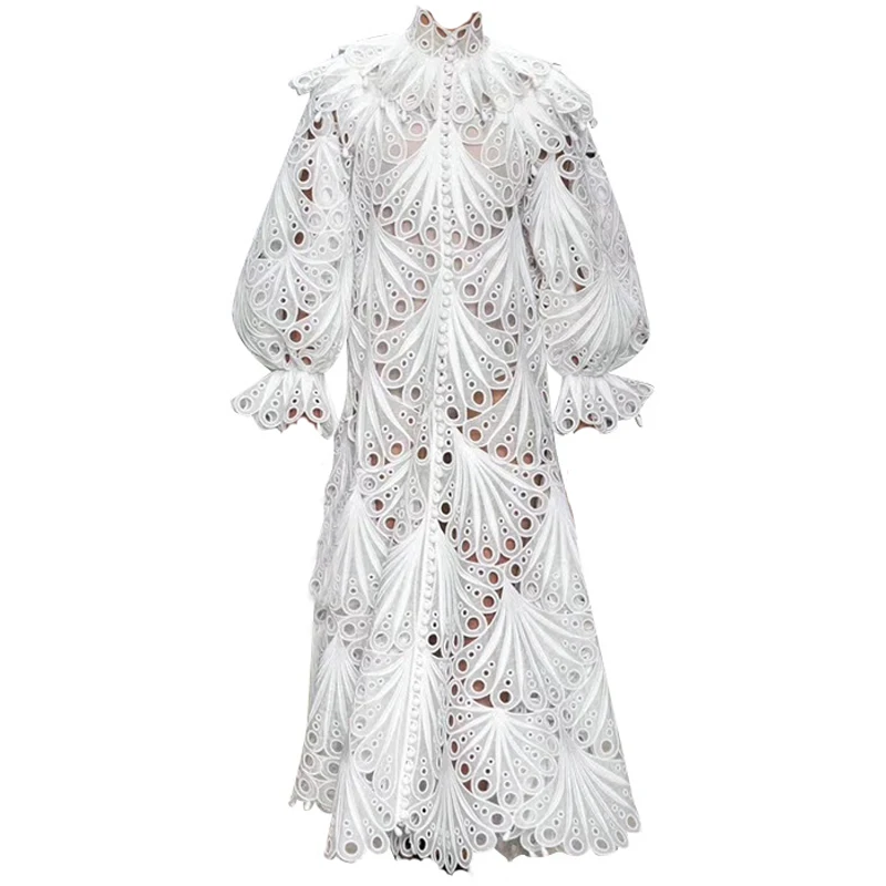 GooliShowsi Fashion Runway Trend Women's Sexy Hollow Out Dress Solid Color Stand Collar Lantern Sleeve Loose Maxi Dresses