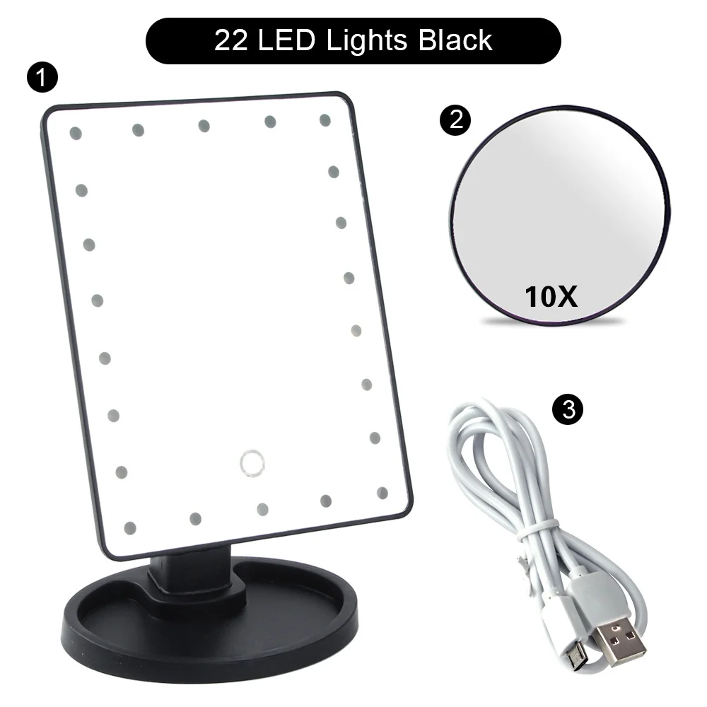 BK 22 Light Set A Сенсорный экран 22 светодиодный светильник зеркало для макияжа с косметическим увеличением 1x/2X/3X/10X гибкое зеркало косметическое регулируемое двойное питание - Цвет: BK 22 Light Set A
