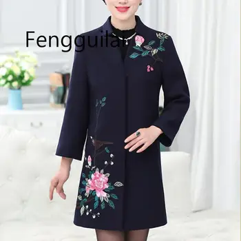 

FENGGUILAI 2020 Fashion Winter Large Size Woolen Coat Long Section Embroidered Single-breasted Cotton Coat Women Woolen Jacket