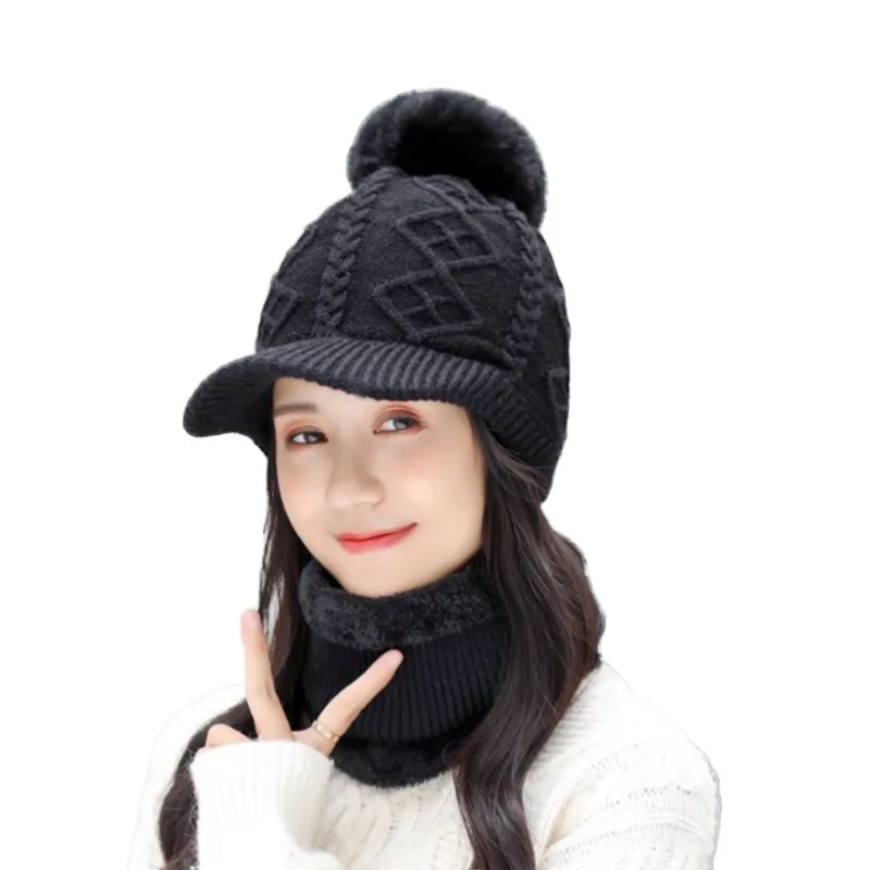 

Wool hats women's knitted fleece-lined cap scarf winter peaked hat neckerchief with velvet warm protection cap for girls