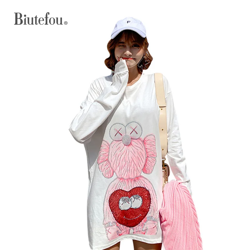 

2019 Autumn sequins long sleeve dresses fashion hot drilling cartoon print women dresses