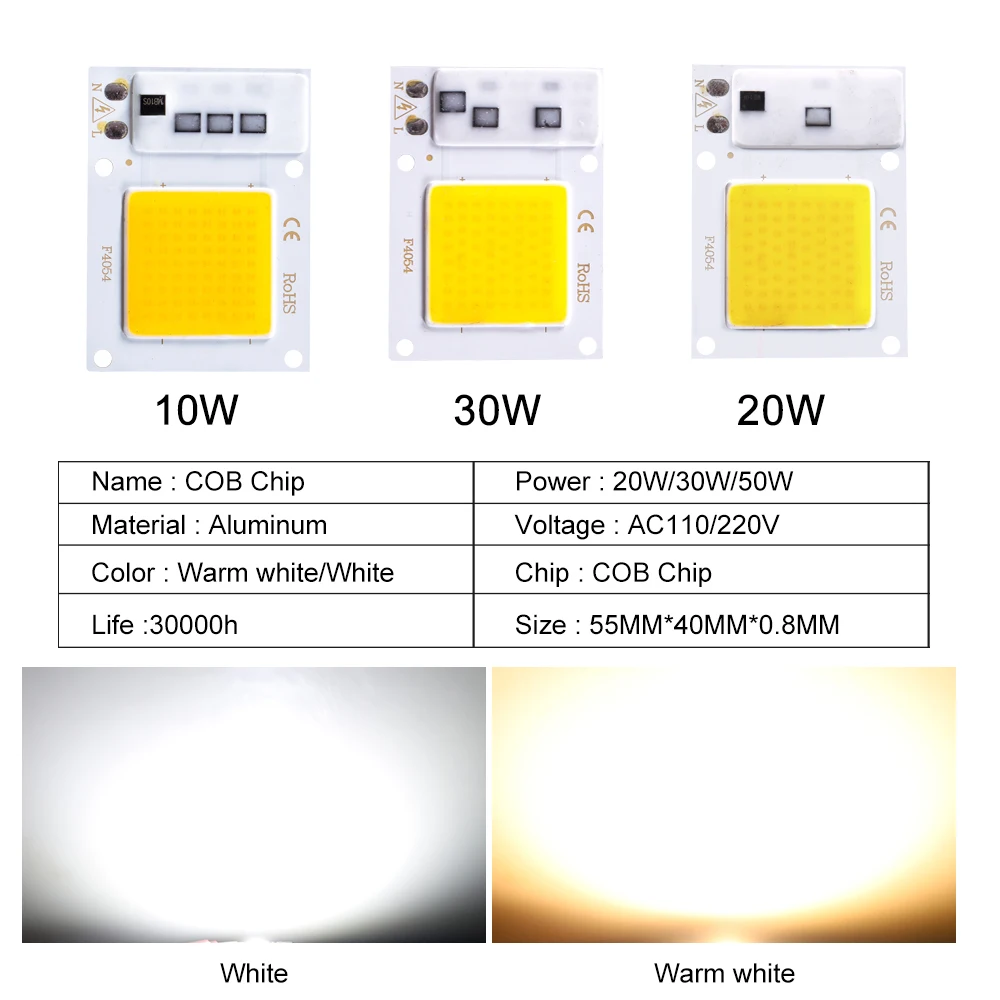LED COB 칩 10W20W30W 220V COB 스마트 IC 드라이버 없음 LED 광원 칩 고휘도 투광 조명 스포트라이트 Diy 조명