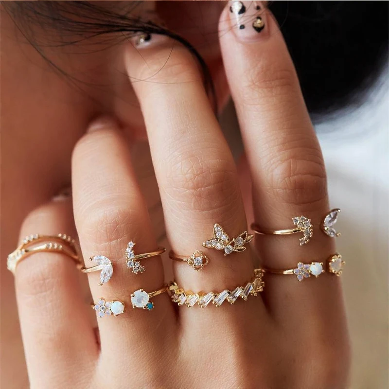 

34 Style Geometric Bohemian Rings Sets Crystal Stone Opening Rings For Women Fashion Punk Cross Twist Joint Ring Female Jewelry