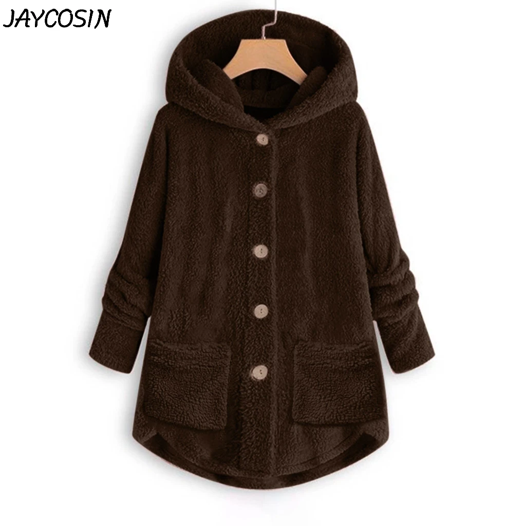 JAYCOSIN, Женское пальто, плюс размер, одноцветное, плюшевое, на пуговицах, с карманами, свободный, длинный, с капюшоном, толстовка, кардиган, пальто, зимняя, теплая, повседневная верхняя одежда