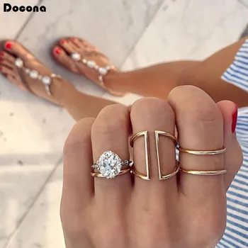 

Docona Fashion 3pcs/sets Gold Rings for Women Big Clear Crystal Stone Simple Hollow Geometric Wedding Rings Jewelry 9461