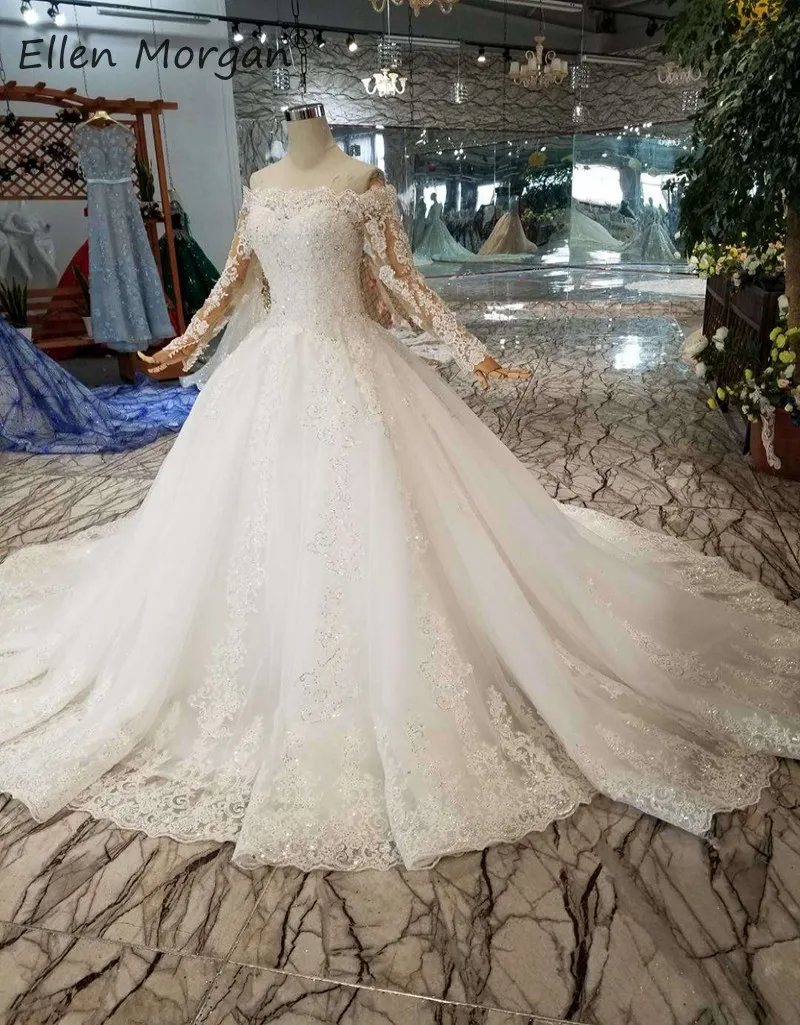 Элегантные кружевные свадебные платья с длинными рукавами 2019 Наплечная аппликация для женской футболки Тюль корт Поезд Vestidos De Novia