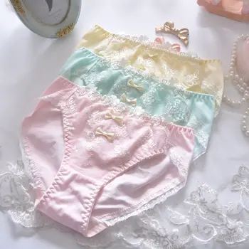 

Japanese Small fresh Embroidery Panties Pink Princess Cute Mid waist Bowknot Triangle Briefs Women's Teenage heart Underwear