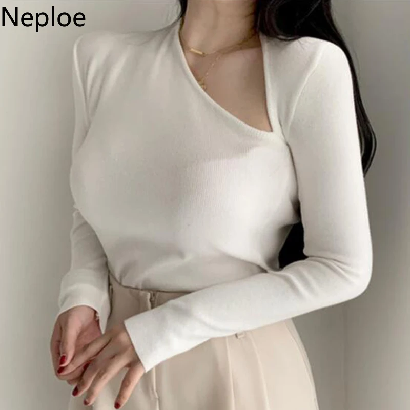 Neploe Ins, сексуальная трикотажная футболка с длинными рукавами и открытым воротничком, черные обтягивающие футболки с вырезами, базовые осенние женские топы