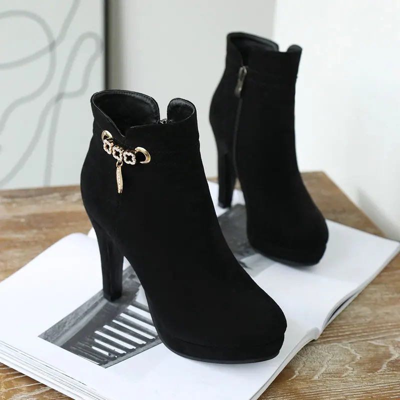 

B2-7 Size 33-43 Ladies Elegant Metal Decoration Ankle Boots Female Simple Black Color Boot Woman High Heels Shoes Party Shoe