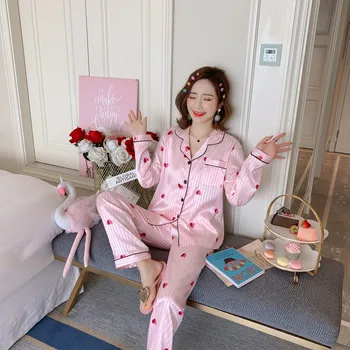 

Women Pajamas Sets Faux Silk Sleepwear Satin Pajamas Set Flower Print Long Sleeves 2 Piece Sets Longsleeve Top Summer Homewear