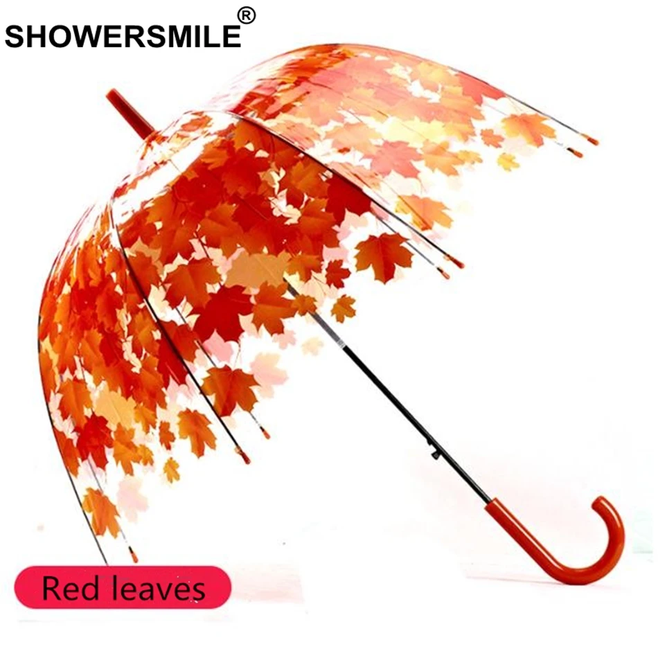 Tanie SHOWERSMILE żółte liście parasol przezroczysty grzyb panie Apollo długi uchwyt Parapluie przezroczysty parasol przeciwdeszczowy