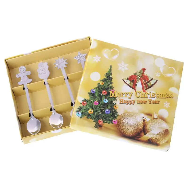 

Christmas Tableware Coffee Spoons Ice Cream Dessert Spoon Snowman Tree Kids Drinking Tea Scoop Gift Box Bag