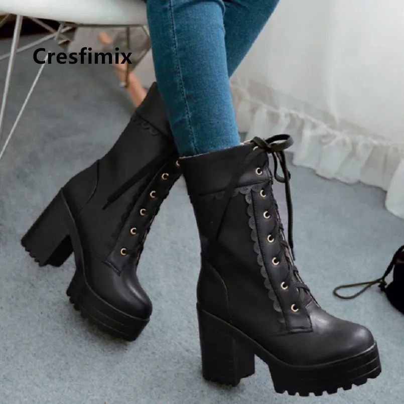 Women Classic High Quality Black Round Toe Platform Autumn Lace Up Boots Female Cool Pink Winter Boots Botas Femininas G6094