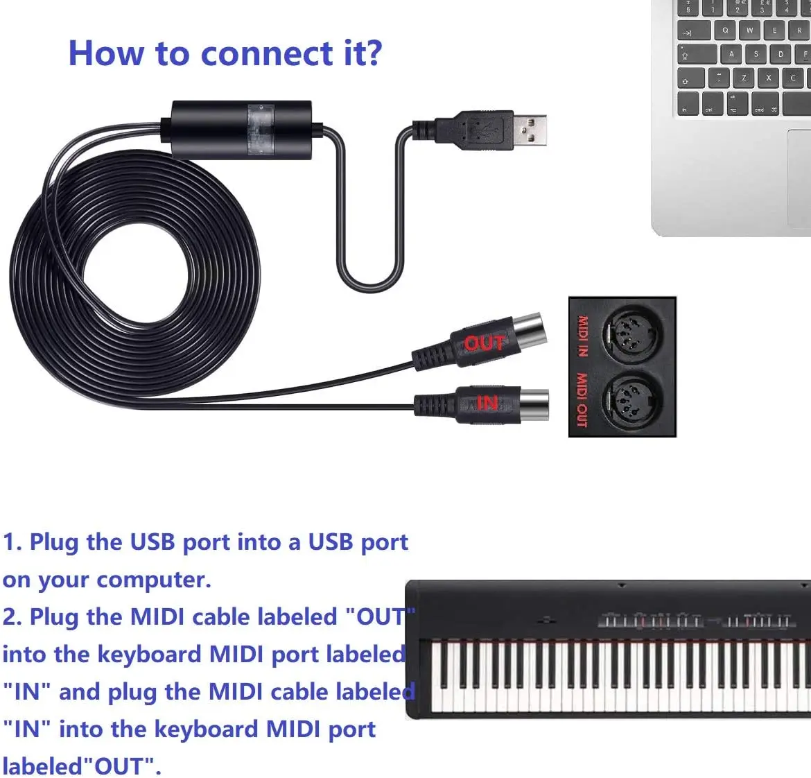 Midi to USB Cable Interface Converter - Midi Cable Host Adapter Wire For  Keyboard Synthesizer Piano Laptop (56 FT) 