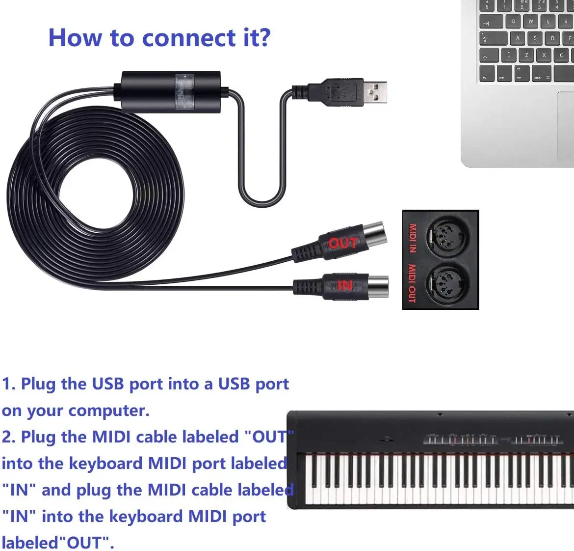 Câble MIDI USB, USB in-Out MIDI Câble Adaptateur Piano to PC