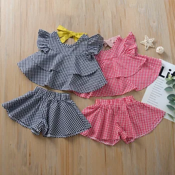 

kids baby girl casual fly sleeve tops T-Shirts plaid short pants toddler clothing girls bow clothes set 2pcs 6M-4Y