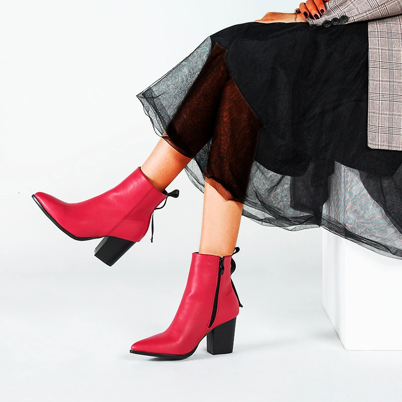 

Red Women Boots 2019 Autumn Winter Latest Ladies Ankel Shoes Luxury High Quality Leather Upper Pointed Toe With Square Heel