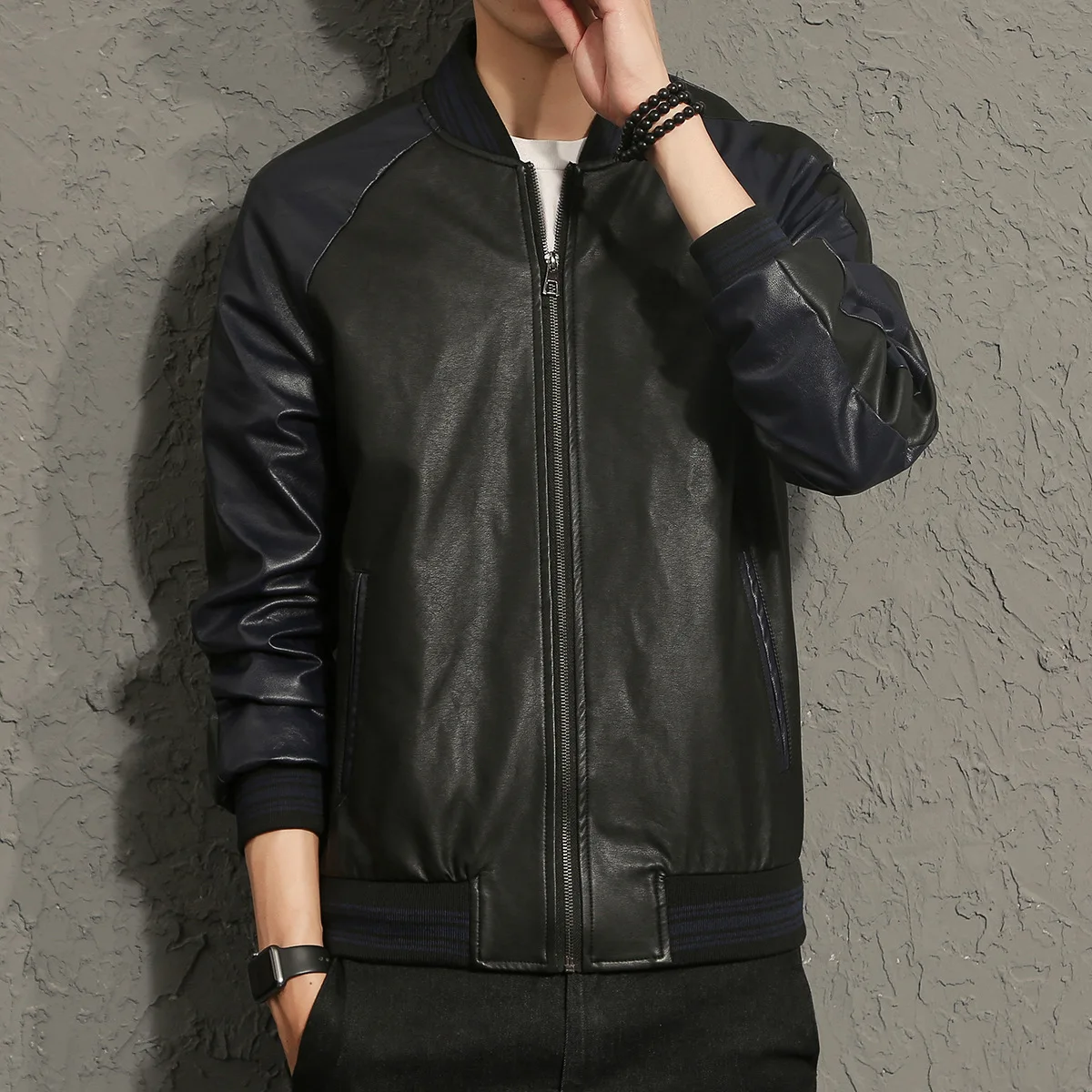 Autumn And Winter Men Jacket Collar Color Matching Men'S Leather Jacket Leather Jacket Youth Large Size Mens Jacket