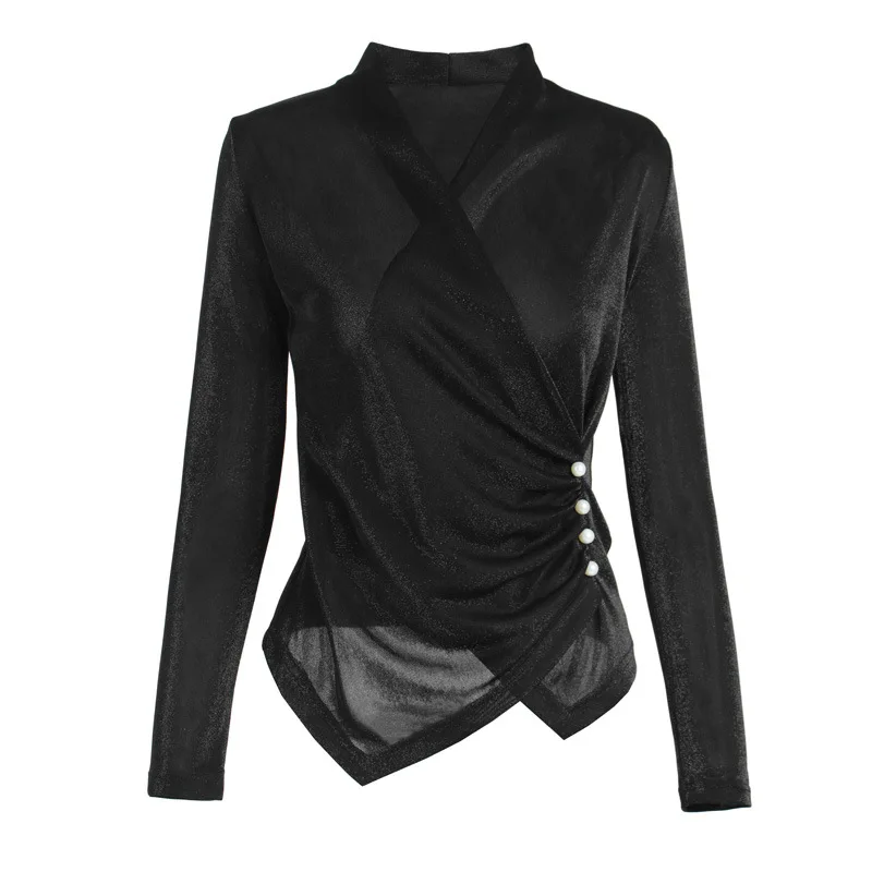 black Top Women's Autumn New Elegant Fashion V-neck Long-sleeved Beaded Slim Bottoming Black T-shirt Female S-XL - Цвет: black