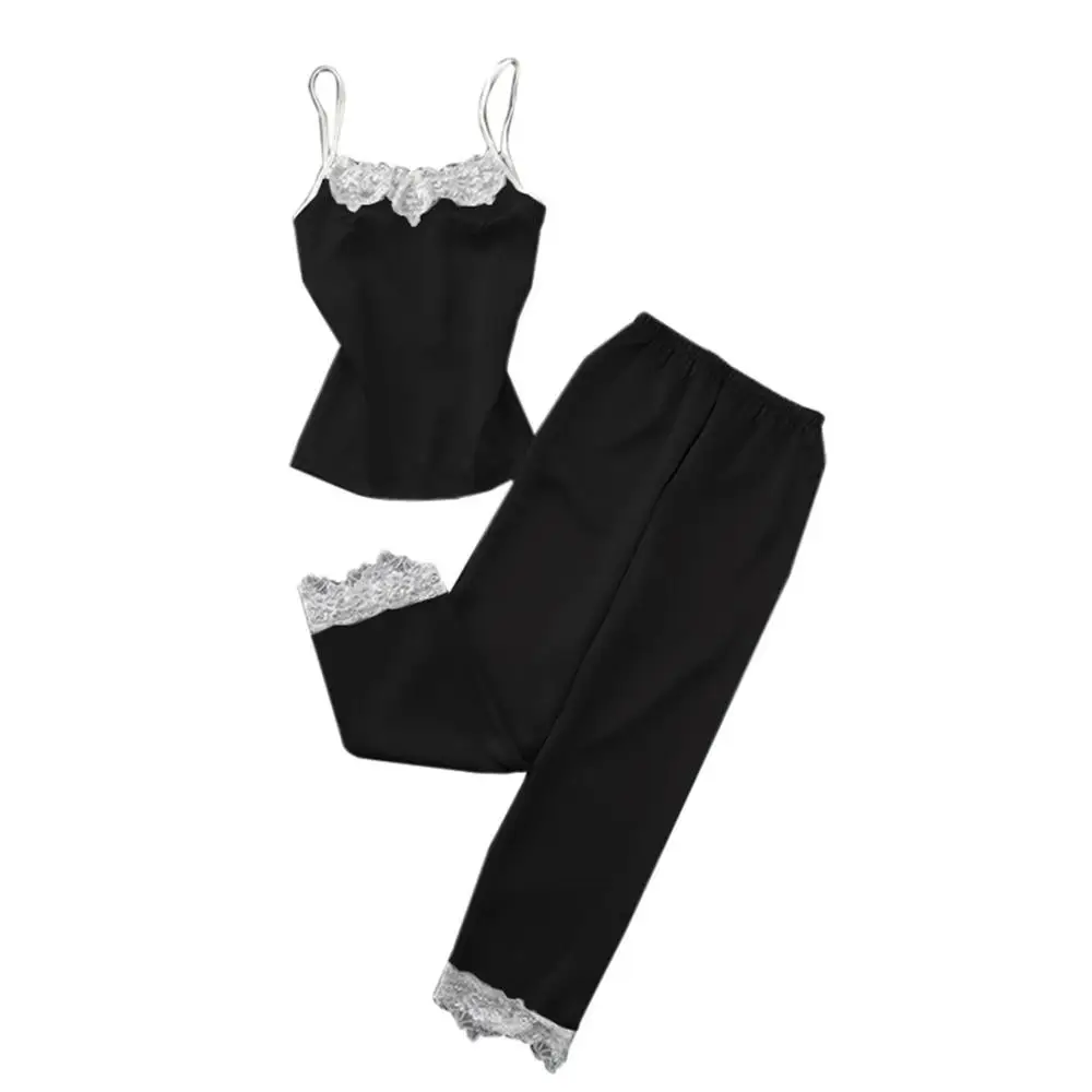 Пижамы mujer, женское сексуальное кружевное белье, ночное белье, нижнее белье, ночная рубашка, ночная рубашка, комплект из 2 предметов, сексуальное кружевное белье на бретельках+ штаны - Цвет: Черный