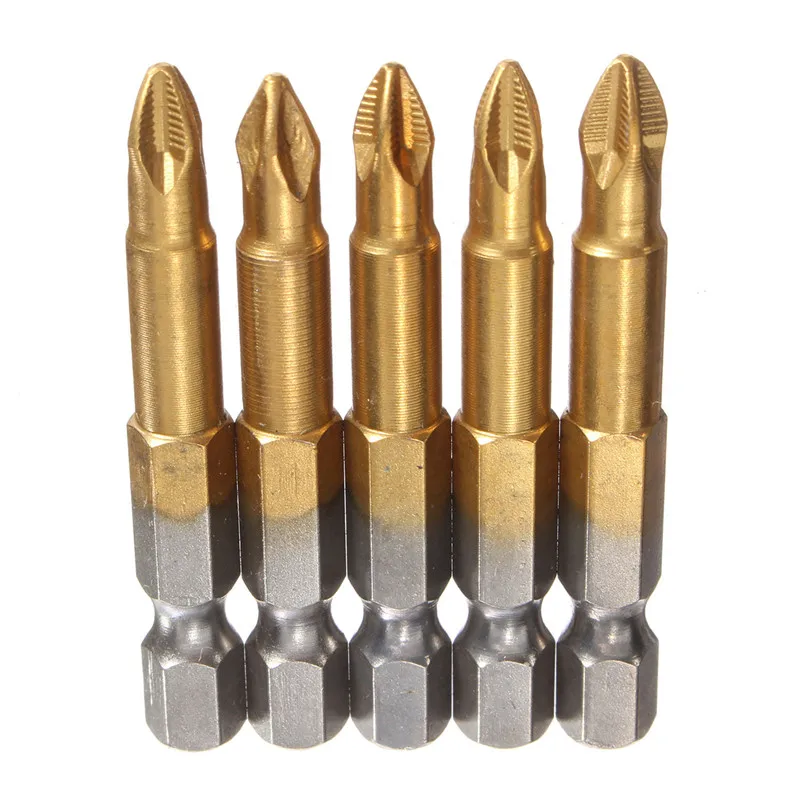 5Pcs/Set 50mm PH2 1/4" Hex Shank Magnetic Phillips Head Electric Screwdriver Bits Set Titanium Coated S2 Steel Power Tools