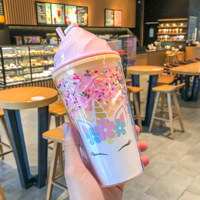 

Unicorn Ice Cream Cartoon Straw Mug Large Capacity Thermal Insulation Double Wall Plastic Cup Girl Portable Handy Cute Water Cup