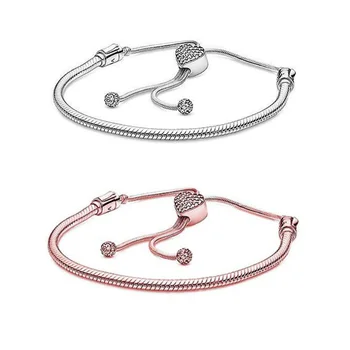 

2020 New 925 Sterling Silver Moments Bracelets Rosegold Crystal Heart Telescopic Snake Chain Bracelet For Women DIY Jewelry Gift