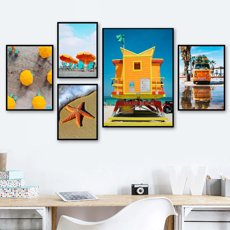 Sea-Beach-Yellow-Bus-Blue-Sky-Landscape-Wall-Art-Canvas-Painting-Nordic-Posters-And-Prints-Wall(1)