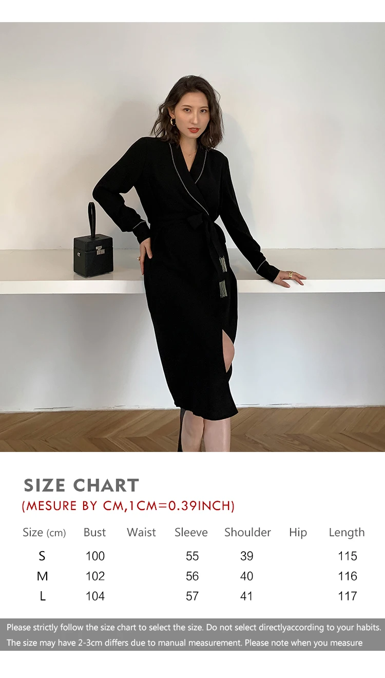 Shiny Vintage Black Chiffon Sashes Wrap Dress Ladies Long Sleeve Elegant Party Dresses 2021 Spring Autumn Women Clothes Vestidos