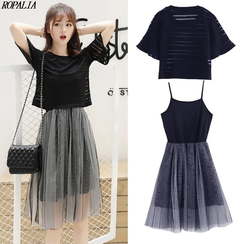 

Women's Korean Style O-Neck Solid Top And Mesh Sling Spaghetti Strap Dress 2 Pieces Set