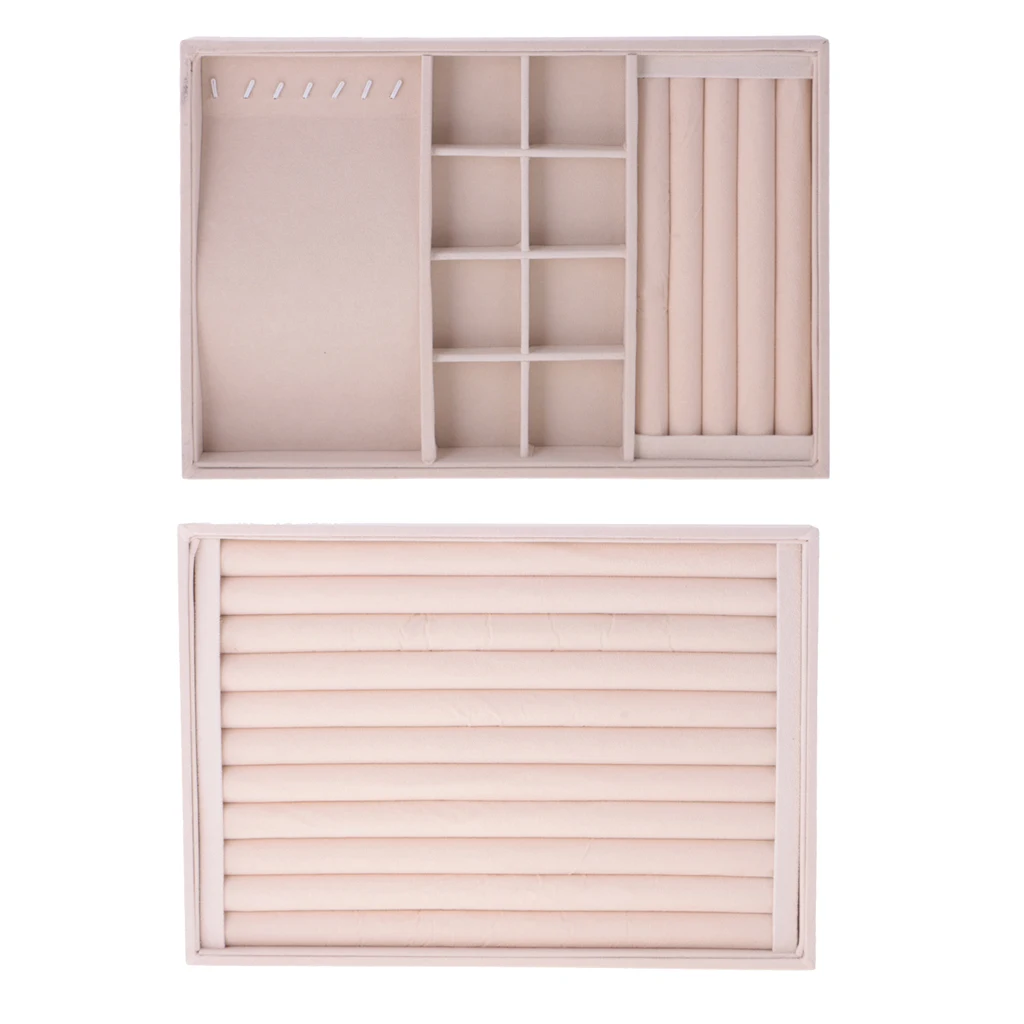 2 Pieces Stackable Velvet Jewelry Tray Earring Necklace Bracelet Ring Organizer Display Storage Box - Beige
