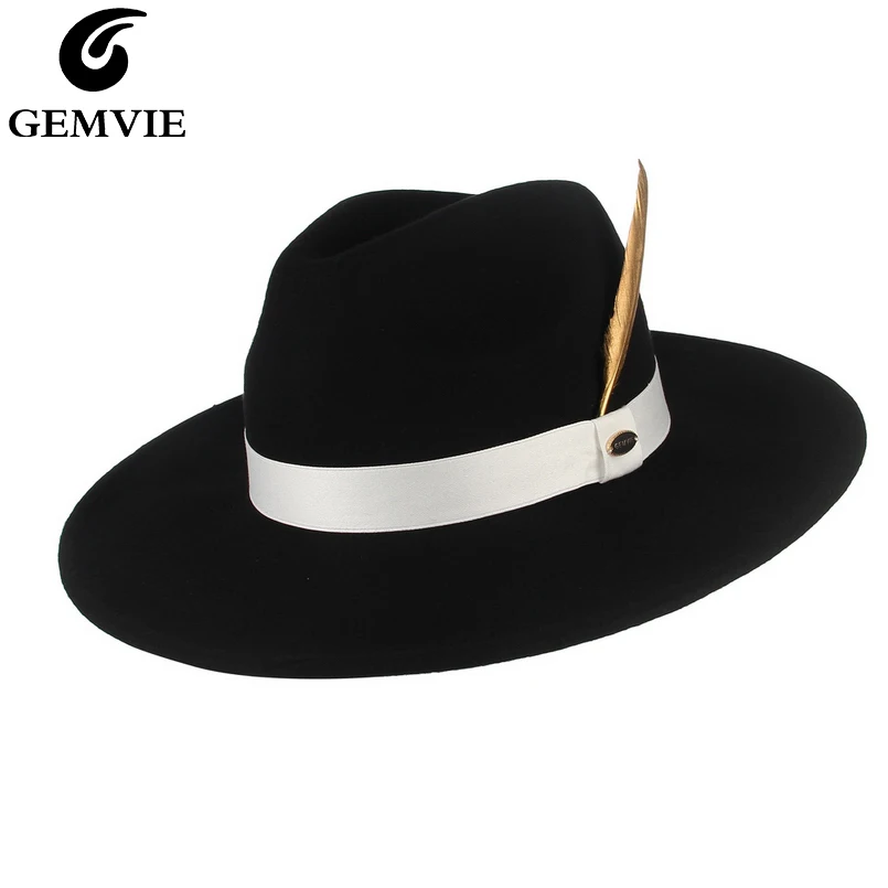 GEMVIE New Stiff Wide Brim 100% Wool Fedora Felt Hat For Women Man Striped Feather Band Autumn Winter Panama Jazz Cap | Аксессуары для