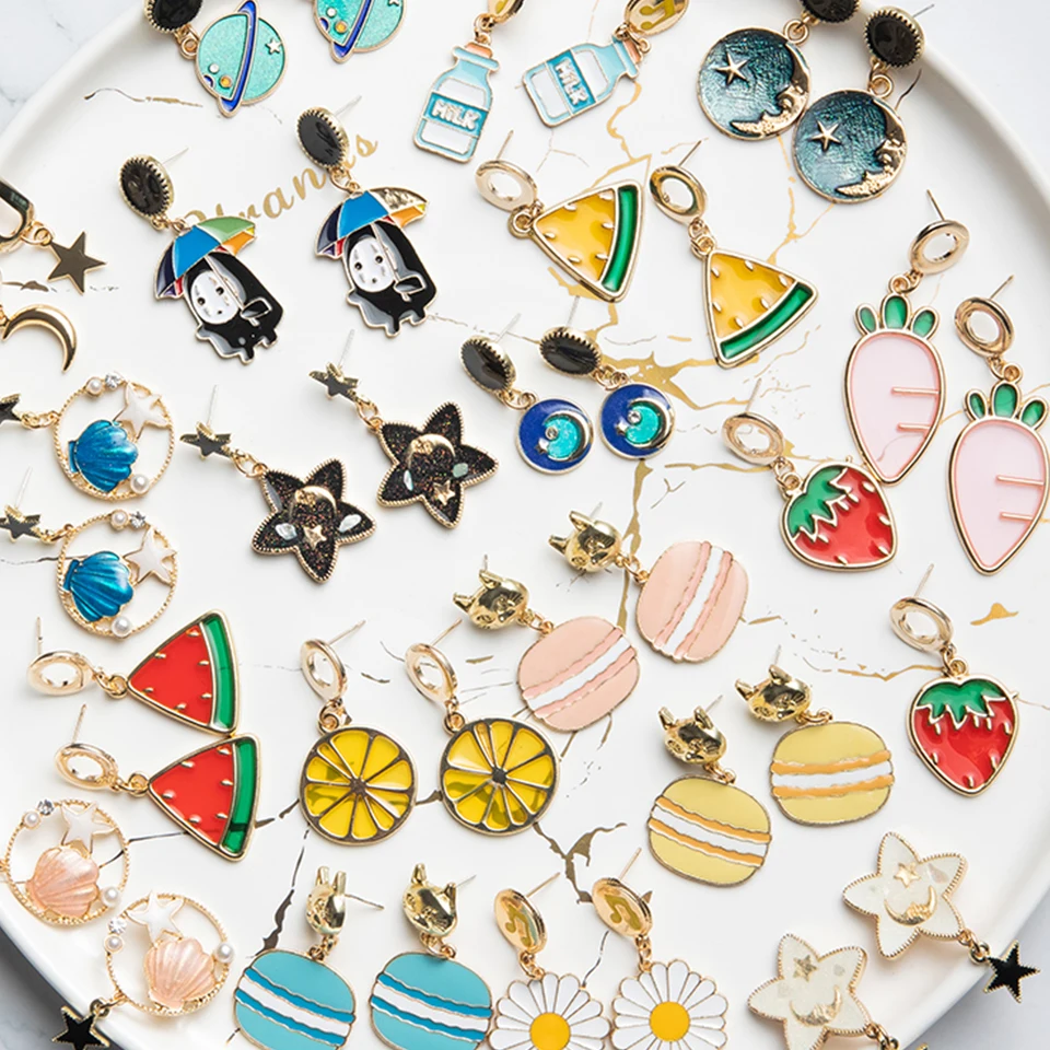 

Cute Cartoon Earrings for Women Girls Children Gold Cat Lock Clock Star Moon Bird Milk Flowers Friut Pendant Earrings Jewelry