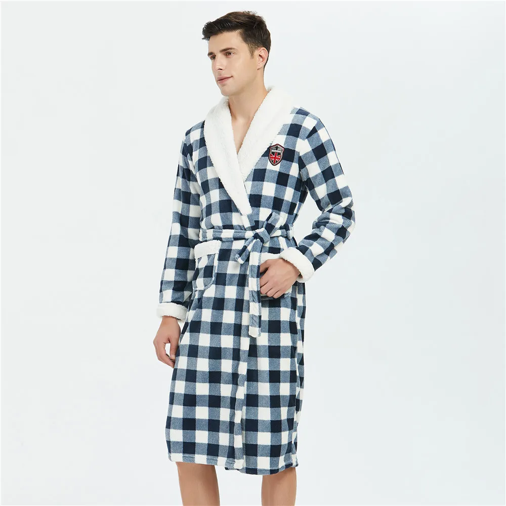 Novelty Plaid Men Flannel Sleepwear Comfortable Keep Warm Homewear Bathrobe Gown Winter Casual Soft Nightwear Intimate Lingerie