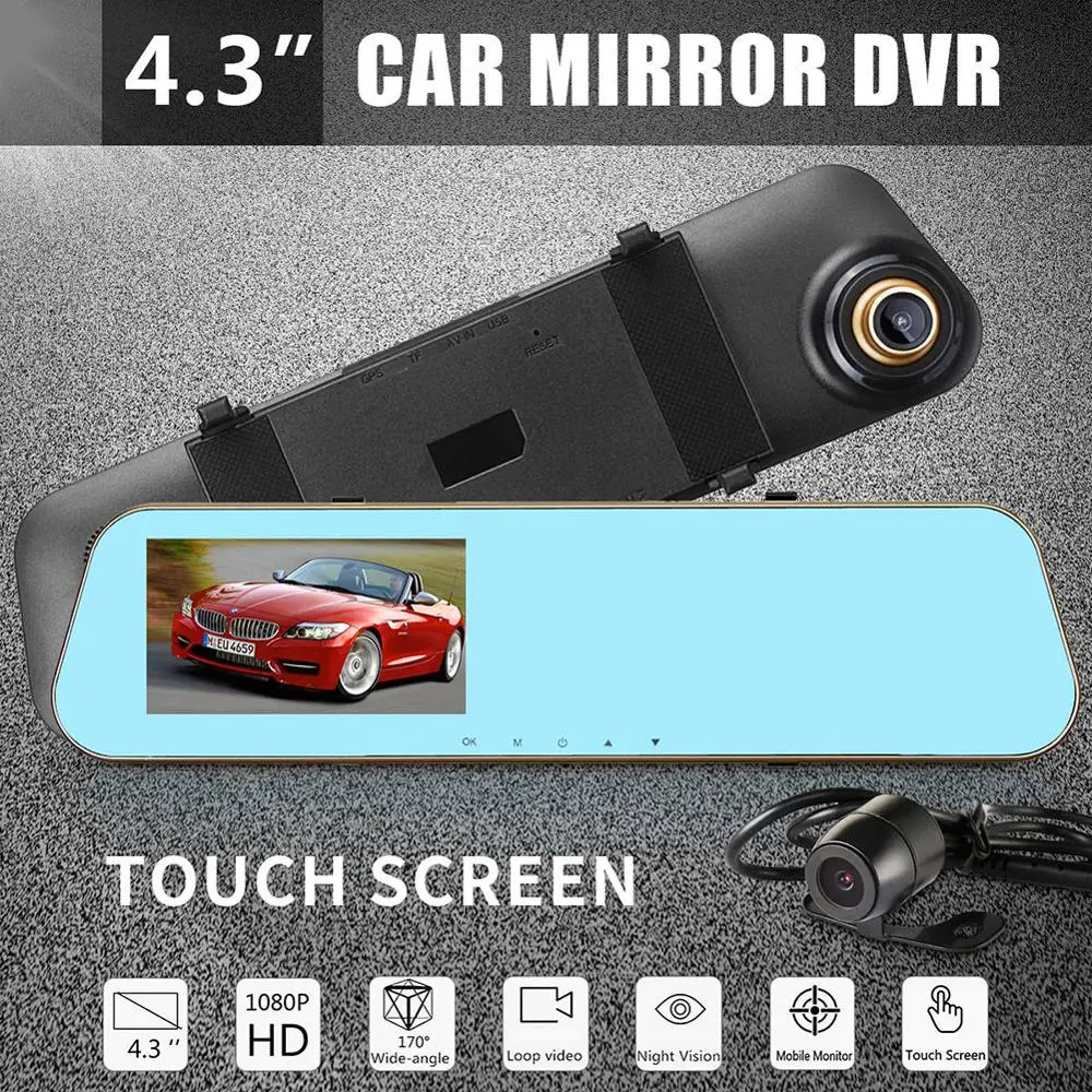 4,3 дюймов HD1080P 170 градусов сенсорный экран автомобиль авто DVR зеркальная камера заднего вида двойной объектив ночного видения камера
