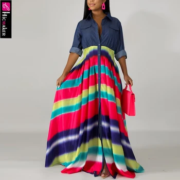 

Women Plus Size Oversize Rainbow Color Printed Splicing Denim Dress Long Sleeve Loose Style Chic Spring Fall Maxi Dress