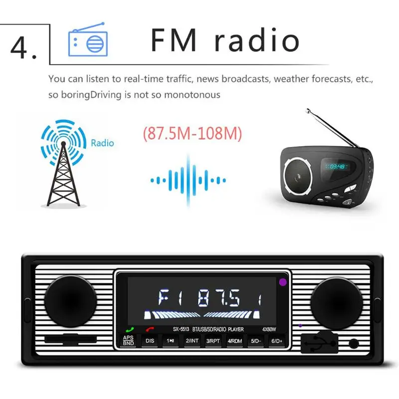 Автомобильный винтажный аудио Bluetooth MP3-плеер Стерео FM Многофункциональный Авто приемник