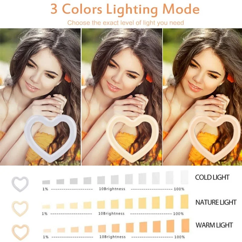 10 인치 RGB 셀카 Led 링 필 라이트 하트 사진 밝기 조절 램프 삼각대 포함, 메이크업 비디오 라이브 Aro De Movil Luz Para