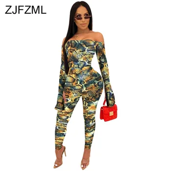 

Snake Skin Print Casual Fitness Jumpsuits Women Slash Neck Flare Sleeve Bodycon Romper Fall Winter Off Shoulder Backless Overall