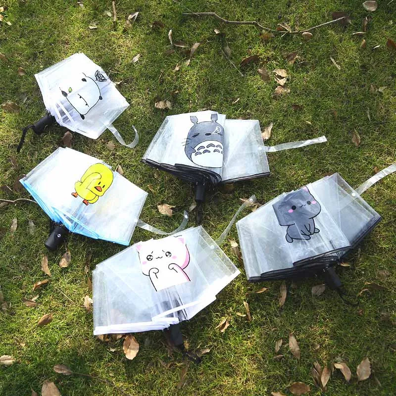 

Creative transparent umbrella automatic or manual color three fold men and women cute cartoon umbrella