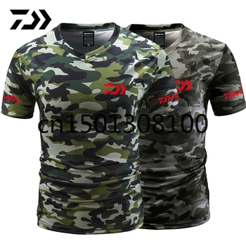 

Daiwa Fishing Tshirt Summer Anti-sweat V Neck Camouflage Green Fishing T-shirt Sports Wear Breathable Quick Dry Fishing Clothing