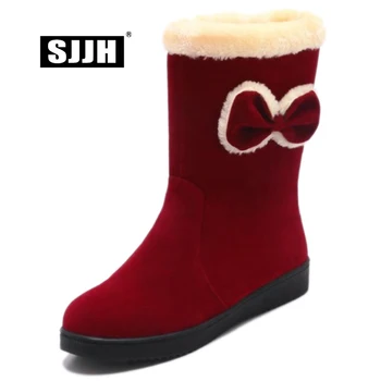 

SJJH Women Flat Snow Boots with Round Toe Cute Bowtie Slip-on Short Plush Casual Short Boots Winter Casual Fashion Shoes A1371