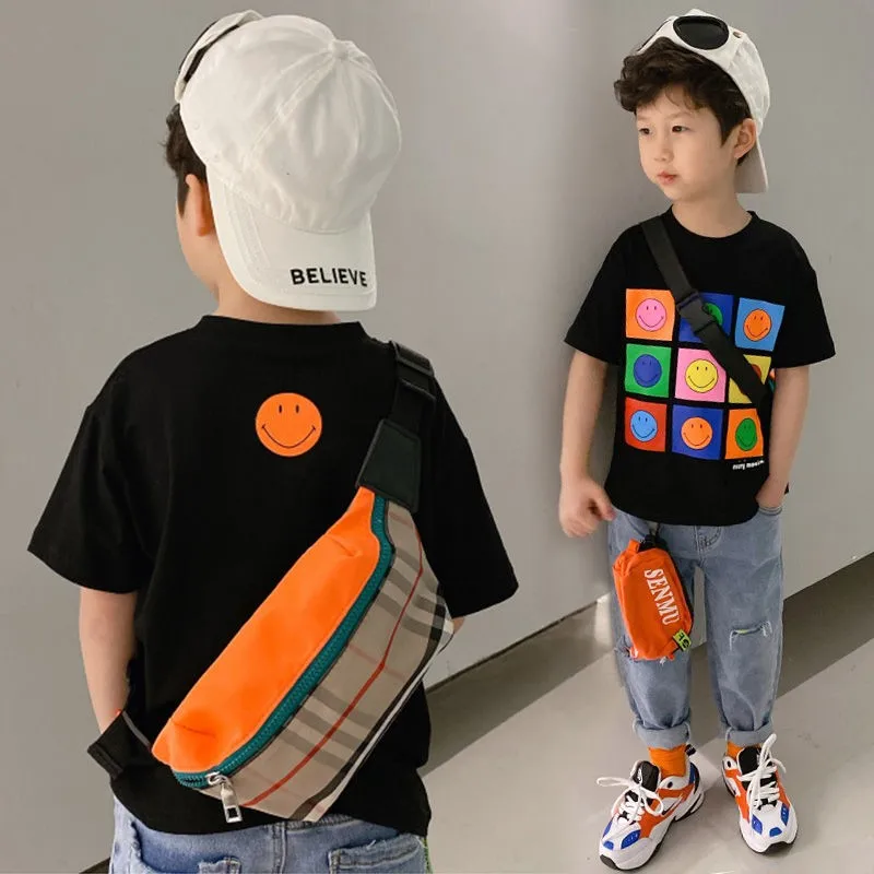 Футболка с коротким рукавом для мальчиков, со смайликом, новая летняя детская одежда, детский хлопковый топ с коротким рукавом и мультяшным рисунком-музыка прилива