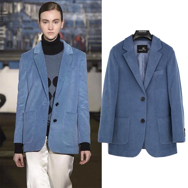 Fashion Velvet Cotton Elegant Blazer Basic Suit Jacket Coat Blue Corduroy Pockets Female Autumn Winter Tops Women Outerwear