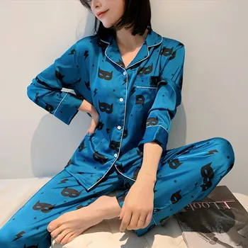 

Casual Women 2PCS Shirt&Pants Pajamas Suit Sleepwear Satin Print Sleep Set Pyjamas 2020 New Nightwear Homewear Home Clothes