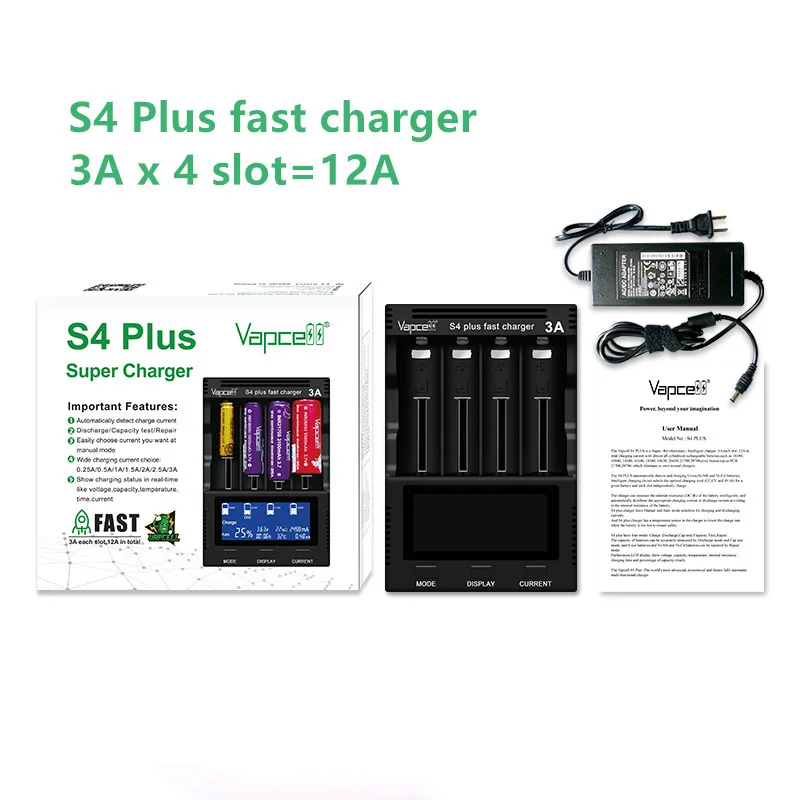 

Vapcell S4 Plus 3A 4 Slot Total 12A Discharger/Capacity Test/Repiar Fast Charger for Li-ion NI-CD NI-MH 20700 21700 PCB Battery