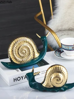 

2 Pcs/set Abstract Ceramics Figurines Golden Snail Desk Decor Crafts Porcelain Green Snails Ornaments Modern Home Decoration